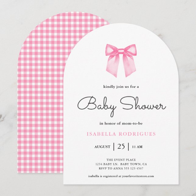 Enkel Modern Rosa Båge Baby Shower Inbjudan (Fram/baksida)