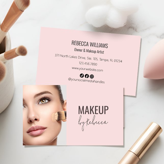 Enkel Modern Rosa Foto Sociala Ikoner Smink Visitkort (Modern blush pink calligraphy script business card - perfect for making a great first impression!)