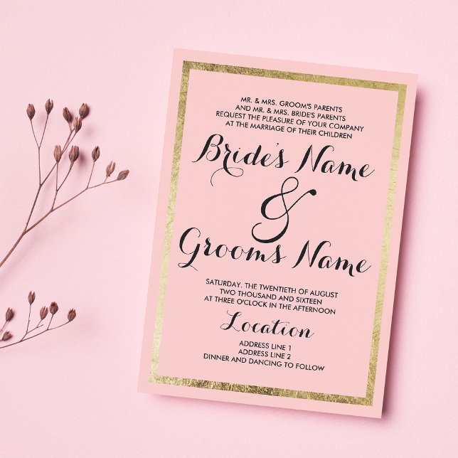Enkel modern  Rosa Guld Gräns Bröllop Inbjudningar (Simple Modern Blush Pink Gold Border Wedding )
