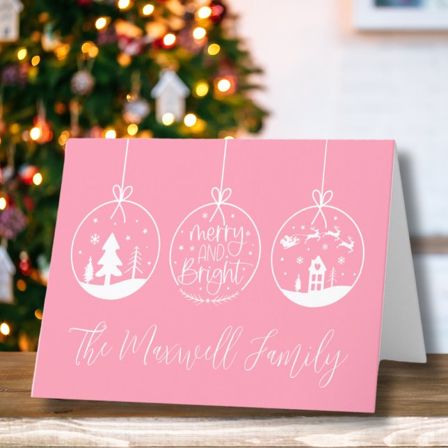 Enkel modern Rosa jul Helgkort (Simple Modern Pink Merry And Bright Holiday Card)