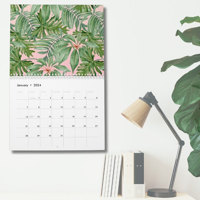Enkel Modern Rosa Palm Tropiska Löv Vägg Kalender (Simple Modern Pink Palm Leaf Tropical Floral Wall Calendar)