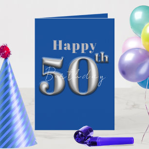 Enkel modern Royal Blue och Silver 50:e födelsedag Kort