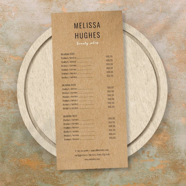 Enkel Modern Rustic Kraft Salon Service Menu Reklamkort (Simple Modern Rustic Kraft Salon Service Menu)