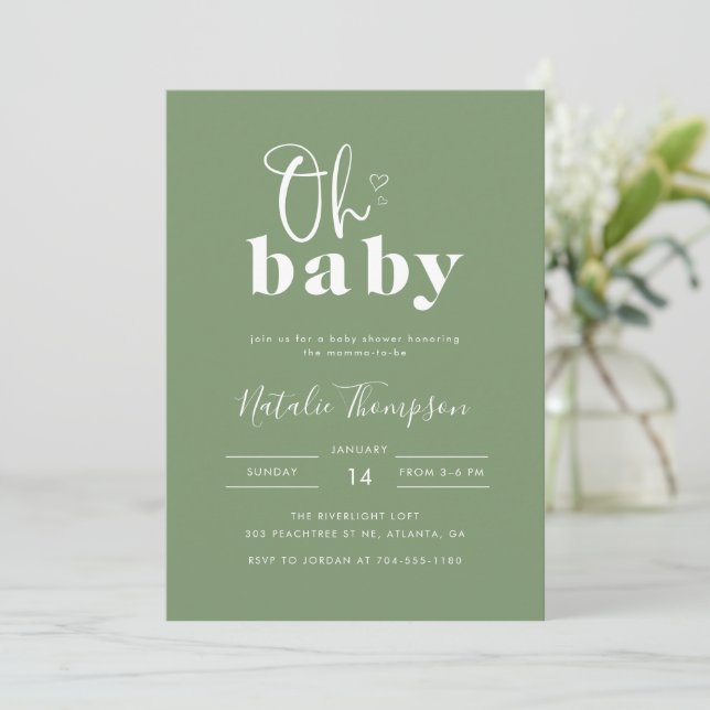 Enkel Modern Sagegrön Oh Baby Shower Inbjudningar (Stående Fram)