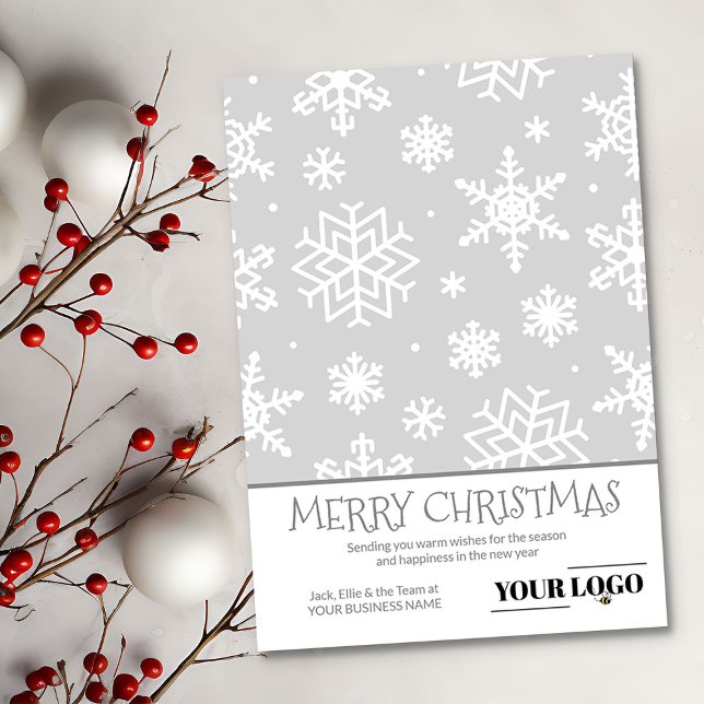 Enkel Modern Silver Grått-julaftelsnöflammande Log Julkort (Logo Holiday Card with Merry Christmas and Snowflakes by Busy Business Bee)
