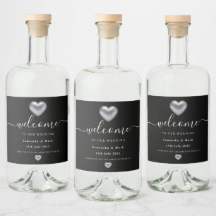 Enkel Modern Silver Heart Bröllop Vin-etikett Spritflaskor Etikett