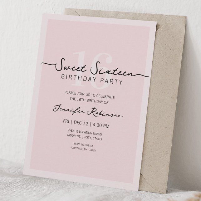 Enkel Modern Skrift Söt 16 Sexton Rosa Inbjudningar (Simple Modern Script Sweet 16 Sixteen Blush Pink Invitation)