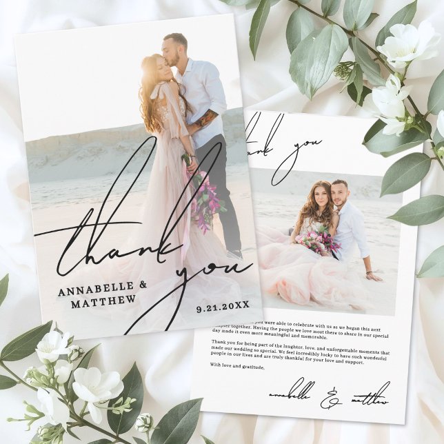 Enkel Modern Skript Foto Bröllop Tack Kort (Simple Modern Script Photo Wedding Thank You Card)