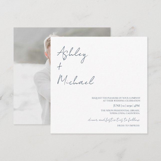 Enkel Modern skriptkod Foto Bröllop Invi Inbjudningar (Fram/baksida)