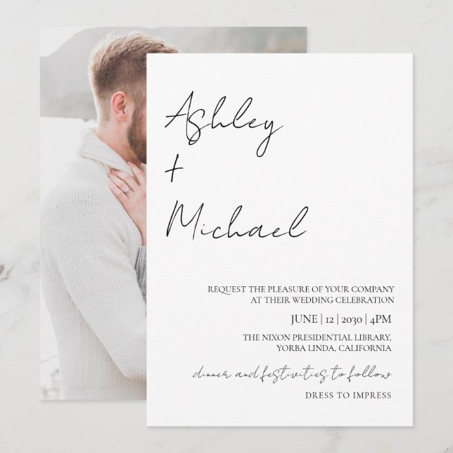 Enkel Modern skriptkod Foto Bröllop Invi Inbjudningar (Fram/baksida)