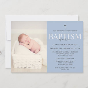 Enkel, modern skriptpusty Blue Baptism för pojkar Inbjudningar