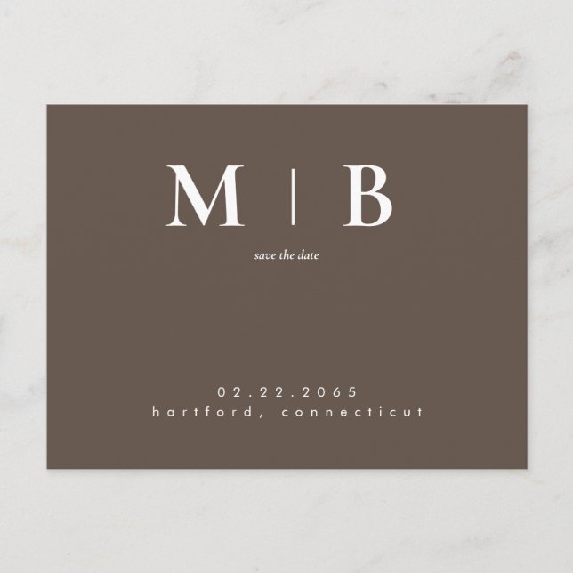 Enkel Modern Slick Monogram Brun Spara Datum Vykort (Framsida)