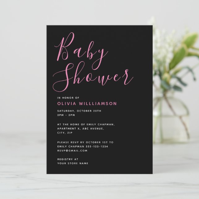 Enkel modern svart och rosa baby shower inbjudningar (Stående Fram)