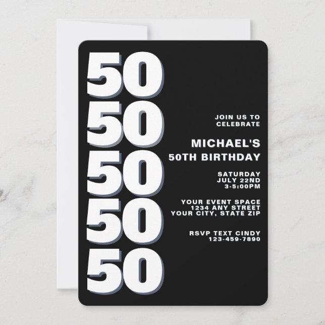 Enkel Modern Svart och Vit 50-årsdag Inbjudningar (Framsida)