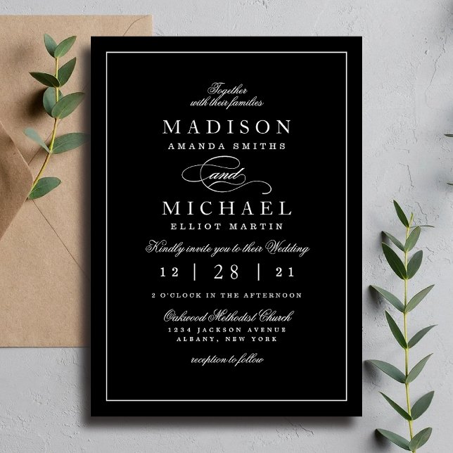 Enkel Modern Svart och Vit Bröllopsinbjudan Julkort (Simple Modern Black and White Wedding Invitation)