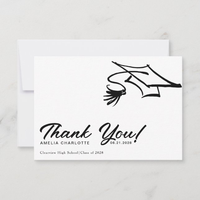 Enkel Modern Svart och Vit Examen Tack Kort (Framsida)