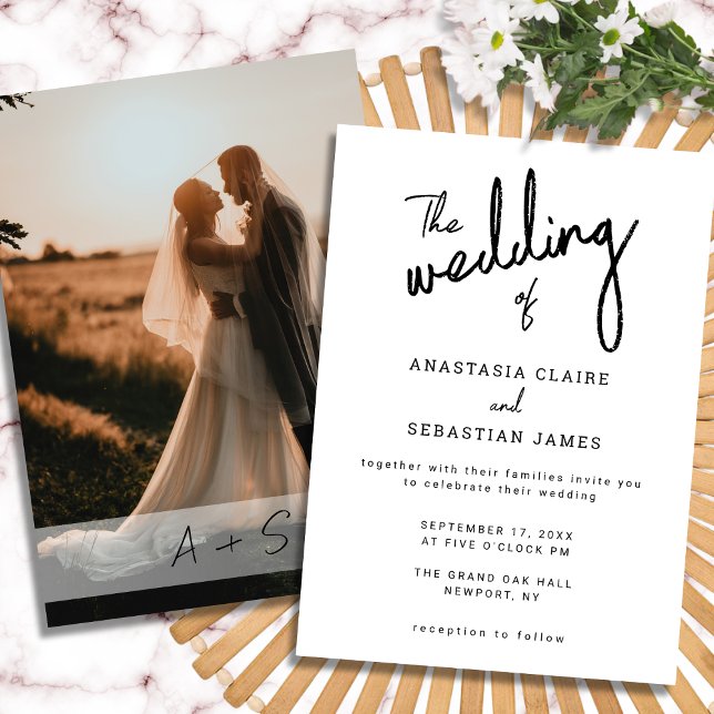 Enkel Modern svart och vitt foto Bröllop Inbjudningar (Simple Modern Black and White Photo Wedding Invitation)