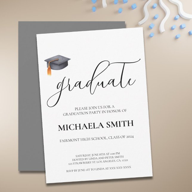 Enkel, modern, svart Studentfest Inbjudningar (Simple Modern Black Cap Graduation Party Invitation)