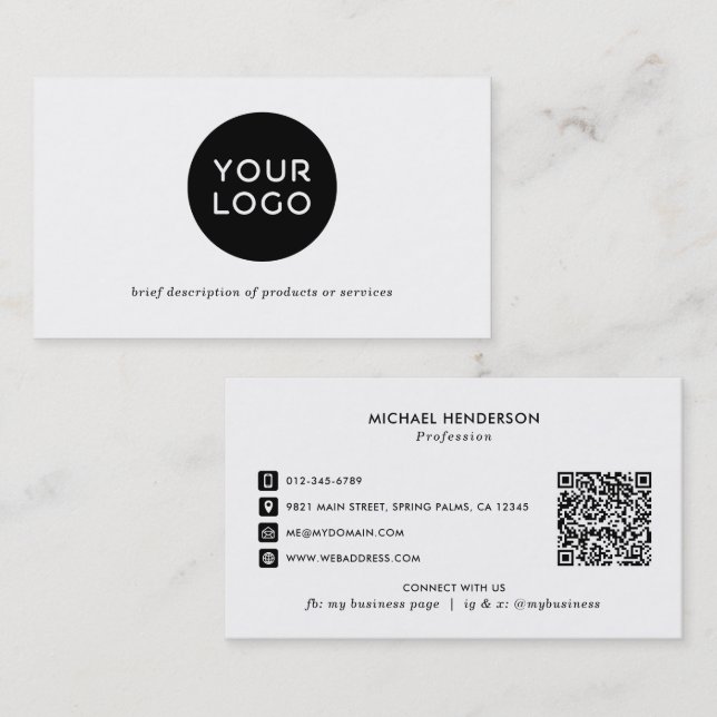 Enkel Modern Svart & Vit Anpassad Logotyp & QR-kod Visitkort (Fram/baksida)