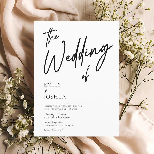 Enkel Modern Svart Vit Bröllop Inbjudningar (Front of the wedding invitation shown in 5x7 inches. Choose paper, size and corner style.)
