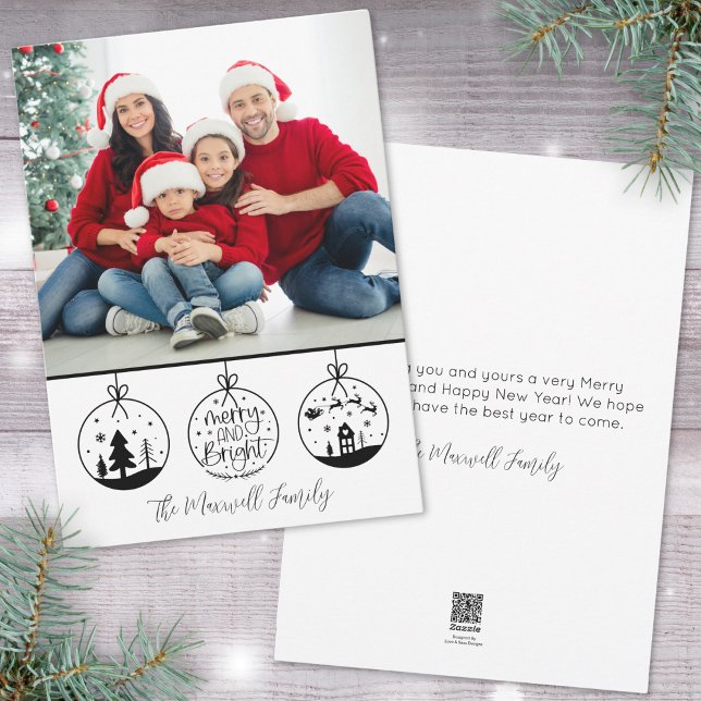 Enkel Modern Svart Vit Julfotografi Julkort (Simple Modern Black White Merry And Bright Photo Holiday Card )