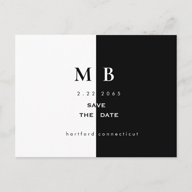 Enkel Modern Svart/Vit Monogram Bröllop Spara Datu Meddelande Vykort (Framsida)