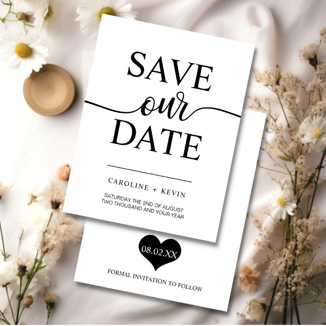 Enkel modern svart vit SPARA VÅRT DATUM-hjärta Datumet (Simple Modern Black White SAVE OUR DATE heart Save The Date)
