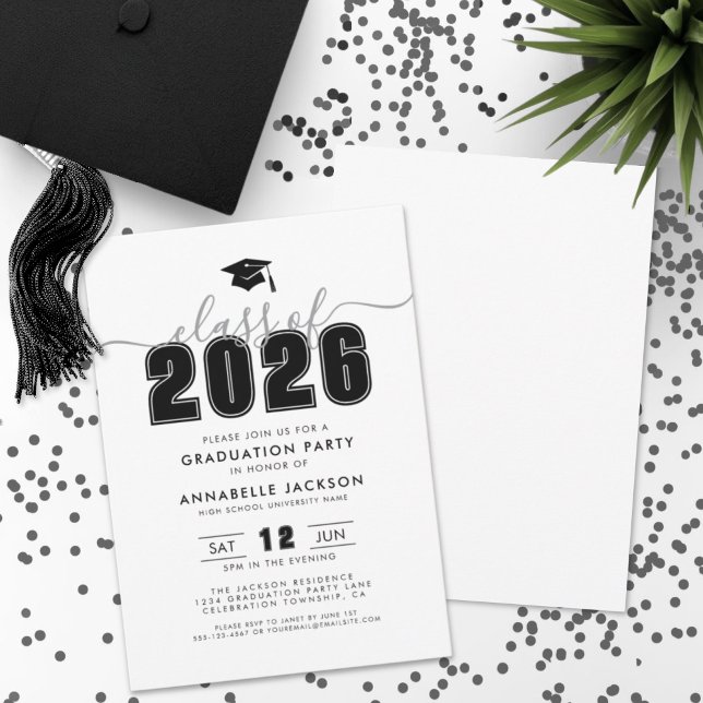 Enkel modern svart vit Studentfest Inbjudningar (Simple Modern Black White Graduation Party Invitation)