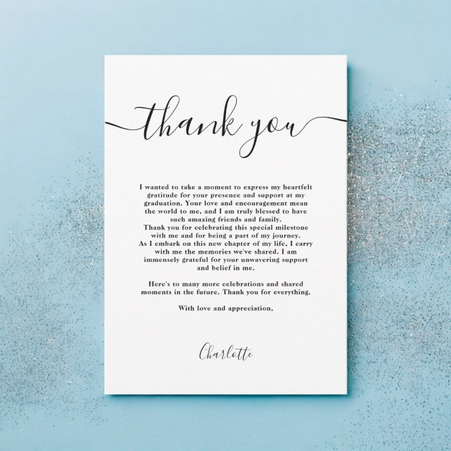 Enkel modern svartvit skript studenten tack kort (Simple modern Black and white script graduation Thank You Card)