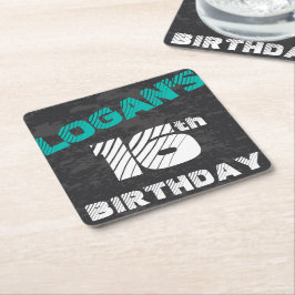 Enkel Modern Teal & Black Tonåring Boy Birthday Underlägg Papper Kvadrat