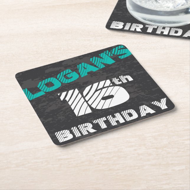 Enkel Modern Teal & Black Tonåring Boy Birthday Underlägg Papper Kvadrat (Vinklad)