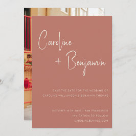 Enkel Modern Terracotta Ro-skript Foto Bröllop Spara Datumet