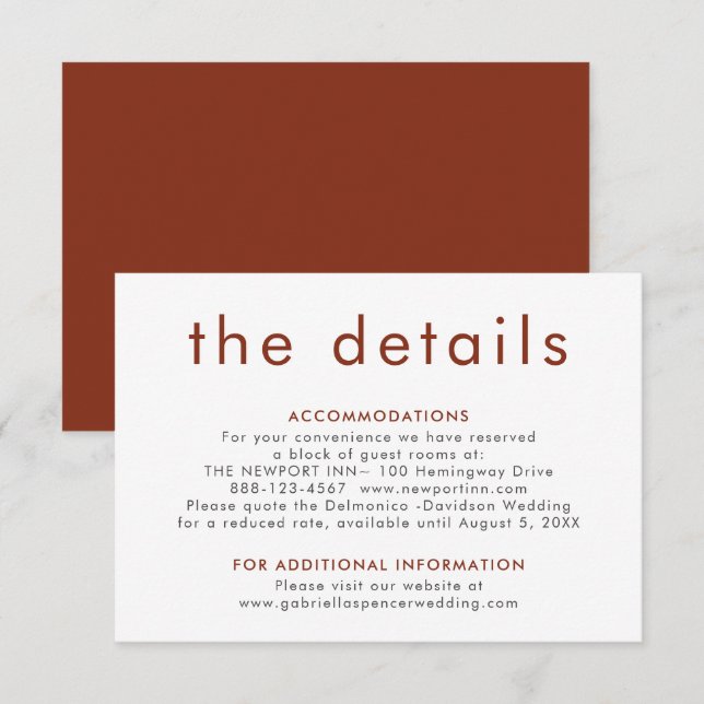 Enkel Modern Terracotta Rust Bröllop Information E Tilläggskort (Fram/baksida)