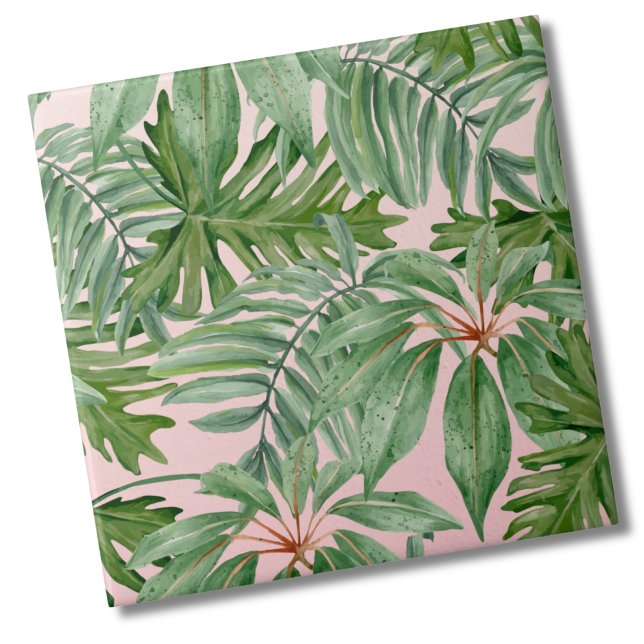 Enkel modern tropisk Blommigt vid Rosa Handflatan  Kakelplatta (Chic Trendy Stylish Tropical Floral Pink Palm Leaf ceramic tile)