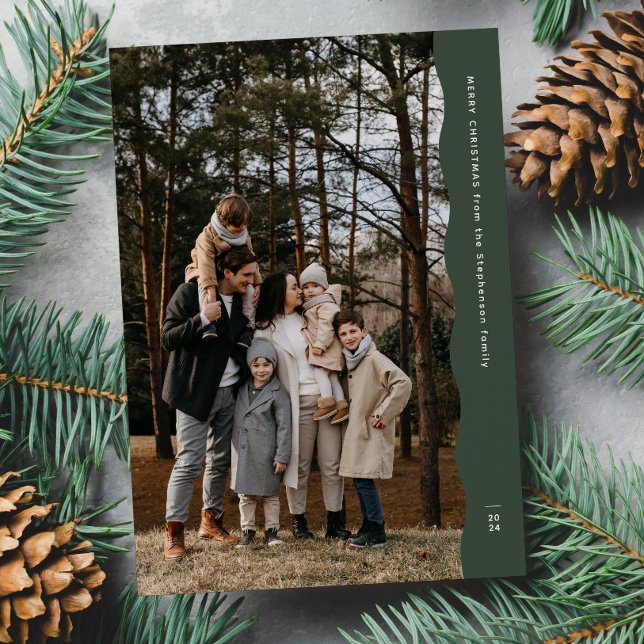 Enkel modern två foto vågigt kant grönt jul julkort (Skapare uppladdad)