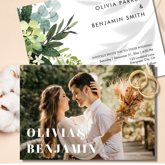 Enkel modern typografi Foto Greenery Bröllop Inbjudningar (Simple Modern Typography Photo Greenery Wedding Invitation)