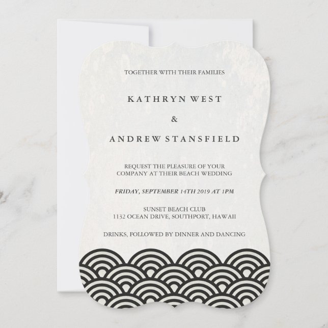 Enkel modern Vinkar Black + White Beach Wedding Inbjudningar (Framsida)