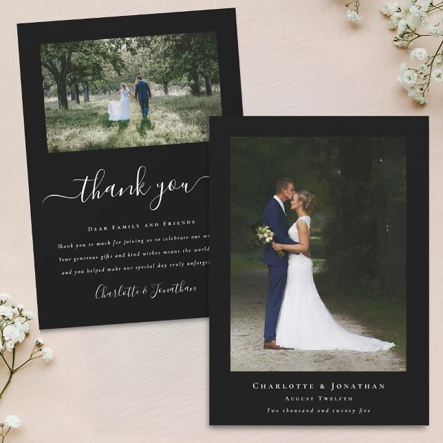 Enkel Modern Vit Bröllops 2 Foto Svart och Vitt Tack Kort (Minimalist modern 2 photo wedding thank you black and white flat card elegant calligraphy script)