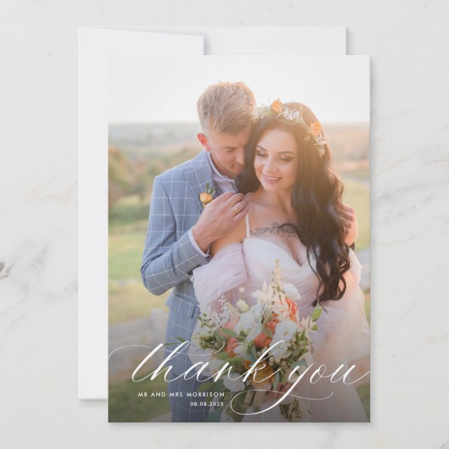 Enkel modern vit kalligrafi bröllop tack kort (Framsida)