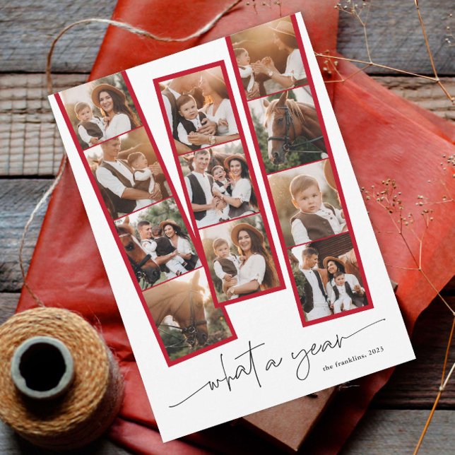 Enkel Modern What a Year Foto Collage Jul Julkort (A modern script what a year photo collage christmas holiday card.)
