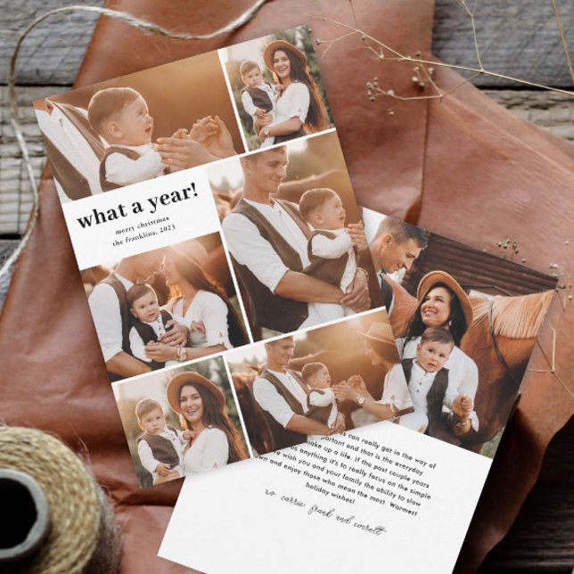 Enkel Modern What a Year Foto Collage Jul Julkort (Simple and modern photo collage what a year christmas holiday card.)