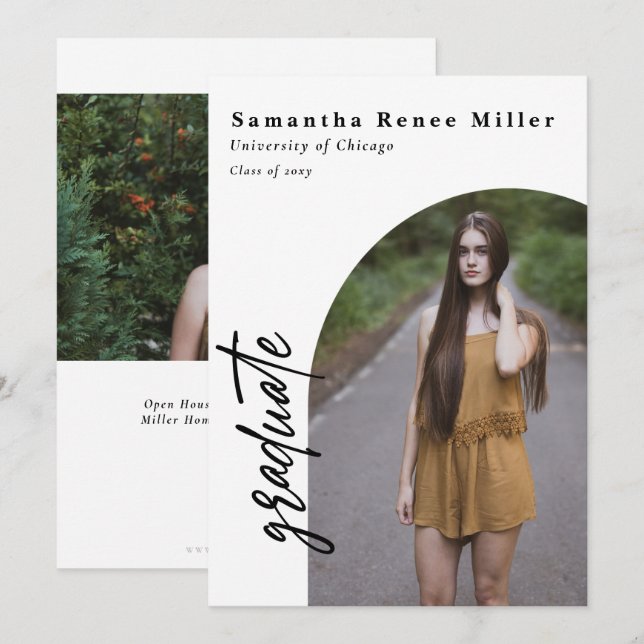 Enkel modernt skript Båge 2 Foto Examen  Inbjudningar (Fram/baksida)