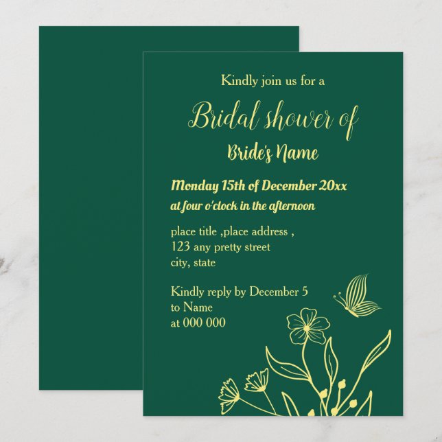 Enkel möhippa för guld-blomman emerald grönt inbjudningar (Fram/baksida)