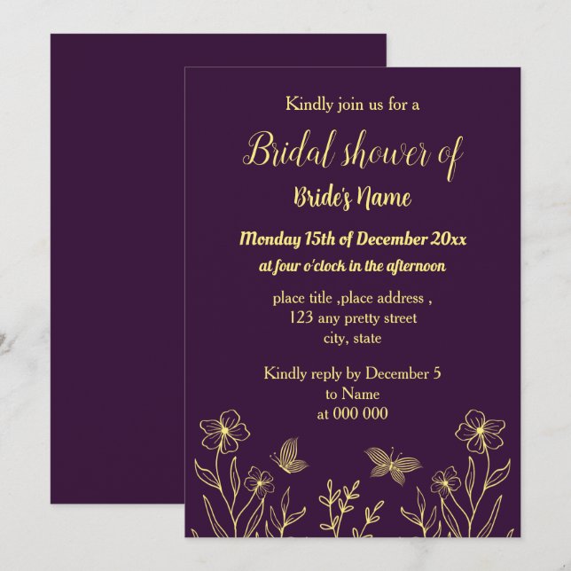 Enkel möhippa för lila av blommor från guld inbjudningar (Fram/baksida)