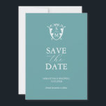 Enkel monogram blå Spara datum Datumet<br><div class="desc">Med denna moderna "save the date"-kort kan du meddela ditt förlovning. Den har en blandning av klassisk och handskriven typografi i vitt över en enfärgad turkosblå bakgrund. Fyll i brudens och brudgummens monogram i mitten av en vapensköld. Alla färger kan anpassas för att passa din brölloppsfärgpalett. Använd mallfälten för att...</div>