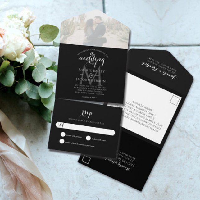 Enkel Monogram Black & White Photo Bröllop (Simple Monogram B&W Photo Wedding All In One Send-and-Seal Invite)