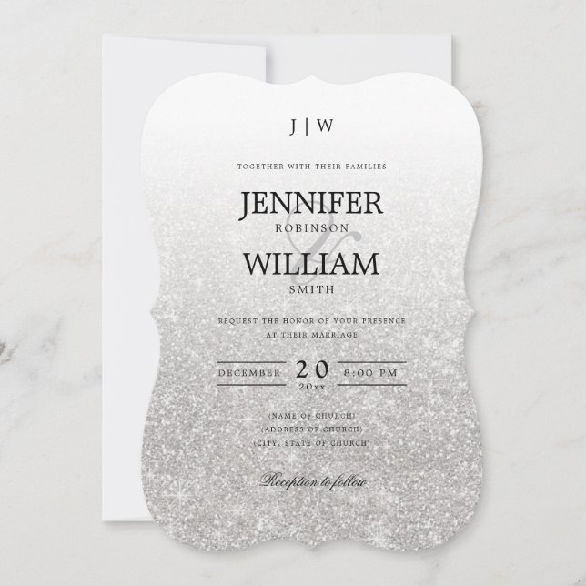 Enkel Monogram för Elegant bröllop Silver Glitter Inbjudningar (Framsida)