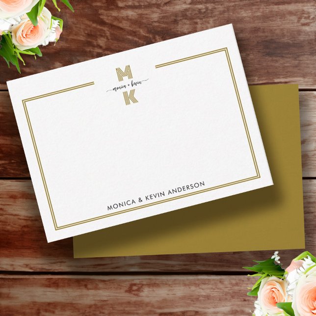 Enkel Monogram för par svarta Guld-Eleganter Anteckningskort (Wedding Couple Black Gold Elegant Simple Monogram Note Card)