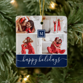 Enkel monogram fotocollage God Jul Navy Julgransprydnad Keramik