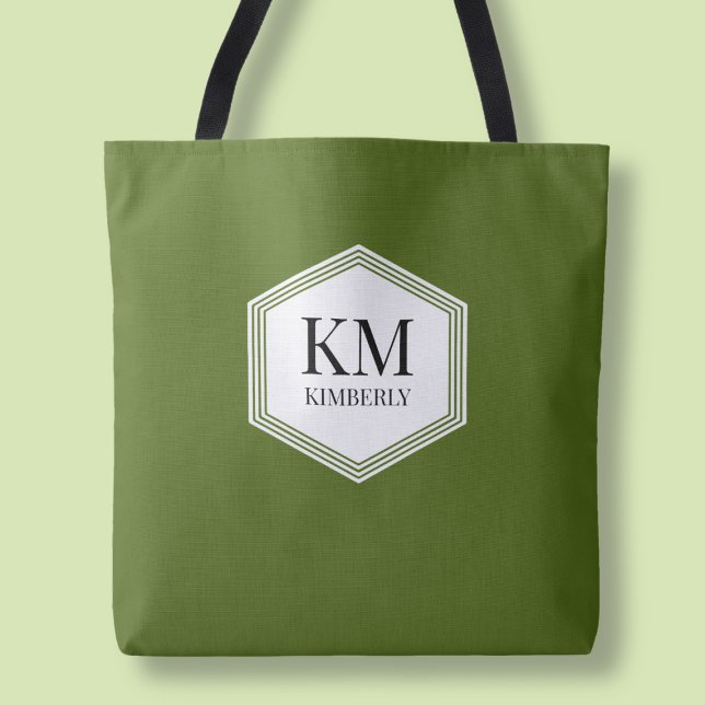 Enkel monogram grön  Modern personlig namnskylt Tygkasse (Simple Monogram Green Modern Personalized Name Tote Bag)